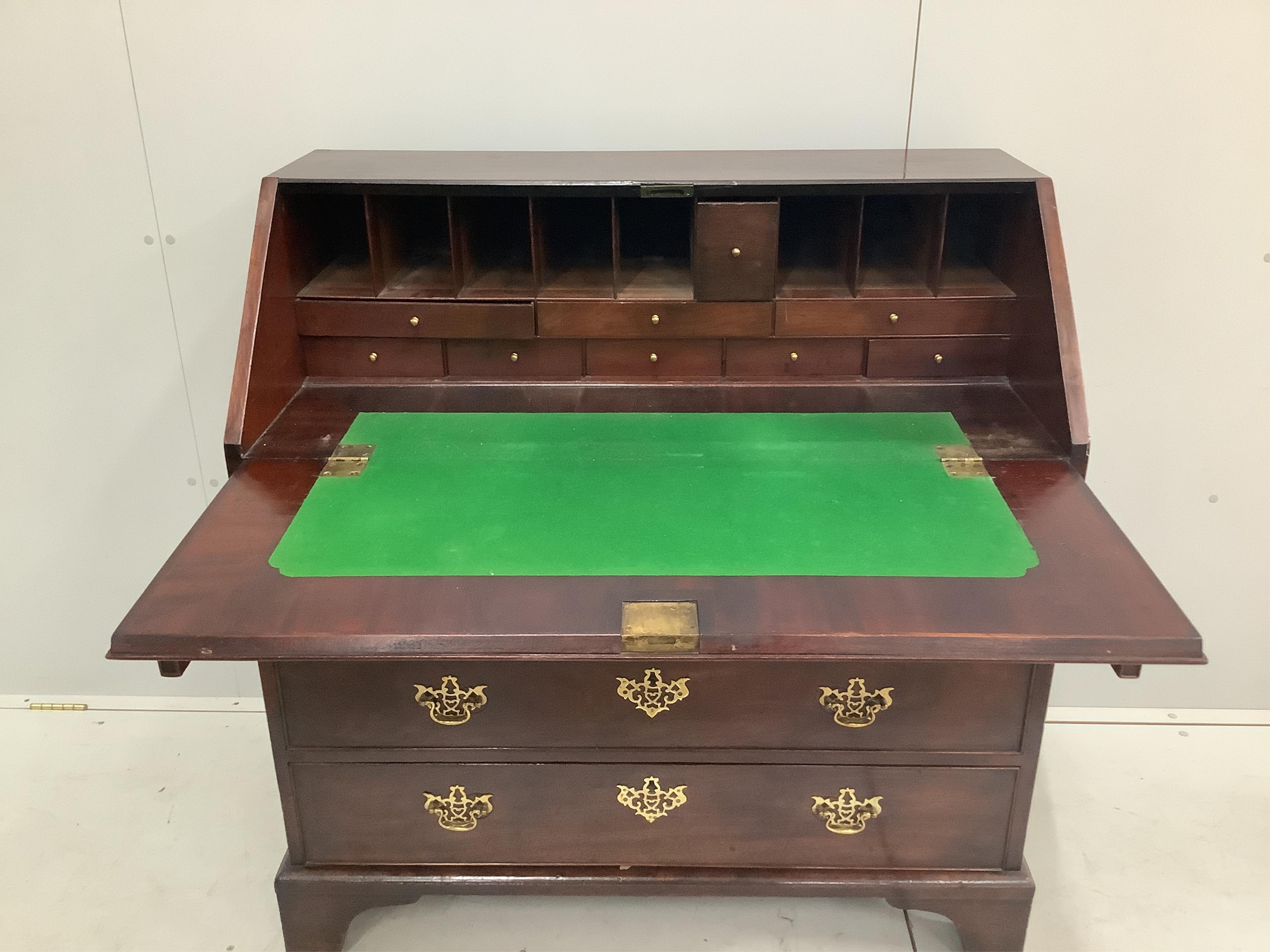 A George III mahogany bureau, width 102cm, depth 54cm, height 108cm. Condition - fair